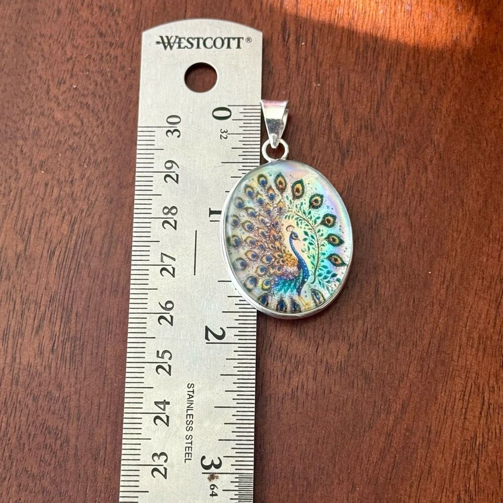 Stunning Peacock Dichroic Glass Pendant Necklace Silver New - Picture 4 of 6
